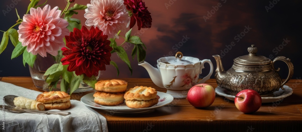 English-style tea break with vintage still life, homemade buns, and a dahlia bouquet.