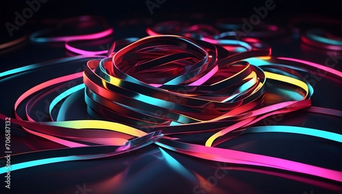 3d render. Abstract background of neon ribbon. Fluorescent ines glowing in the dark room with floor reflection. Fantastic panoramic wallpaper. Digital data transfer. Energy concept photo