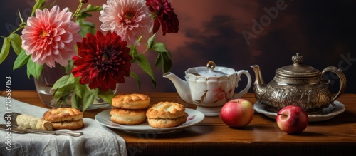 English-style tea break with vintage still life  homemade buns  and a dahlia bouquet.