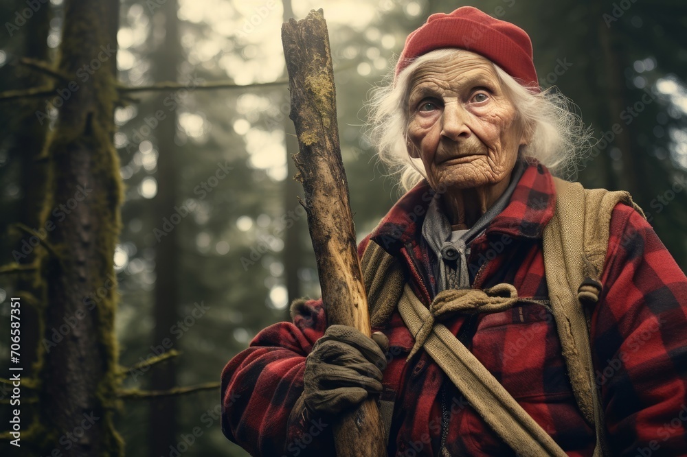 Obraz premium Adaptable Lumberjack old woman forest. People face. Generate Ai