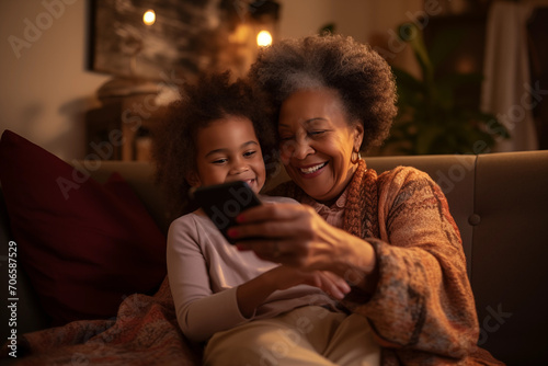 A joyful grandmother and her young granddaughter are engaged with a smartphone, showcasing a cozy, intergenerational bond and the modern tech-savvy senior.
