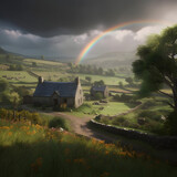 Serenity After the Storm: A Rainbow Over Rural Idyll on Saint Patrick's Day AI-Generative