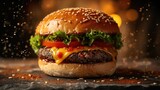 Food photography, classic cheeseburger, juicy beef patty with melting cheese, lettuce and tomato, with a dust explosion of sesame seeds, set on a marble stone table.