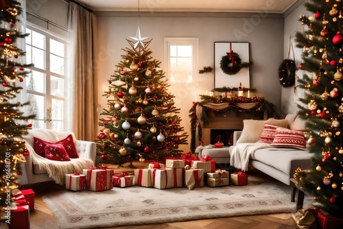christmas decorated living room  decorated christmas tree  cozy blankets and pillows