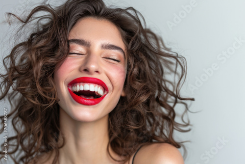 Playful And Vibrant: Brunette Model With Curly Hair And Red Lips Exudes Joy