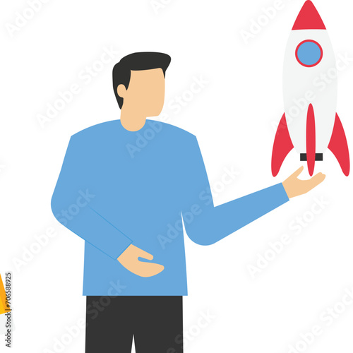 Confident businessman holding rocket project thinking to launch. Entrepreneur and startup project, innovation for success concept, starting new business, opportunity to discover new product.

