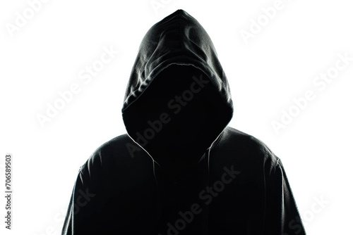 Hooded Hacker Silhouette Standing Alone On White Background