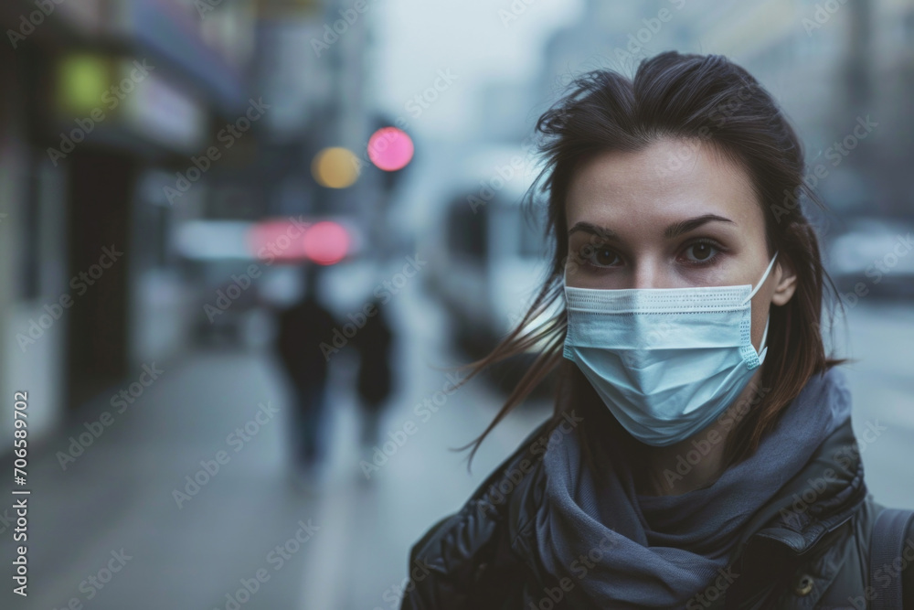 Stressed Woman Wears Mask On City Street Stressed Woman Wears Mask On City Street