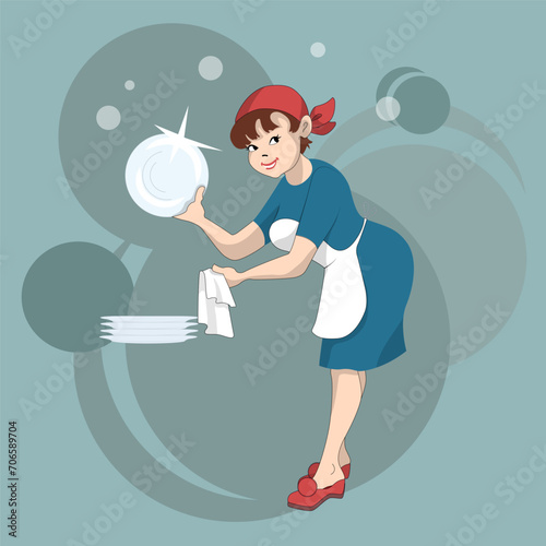 Housewife having fun washing dishes