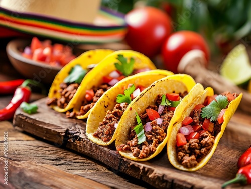 A group of Mexican cuisine tacos located on a table against the background of a Mexican hat