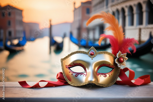 One carnival mask, blurred background of Venice photo
