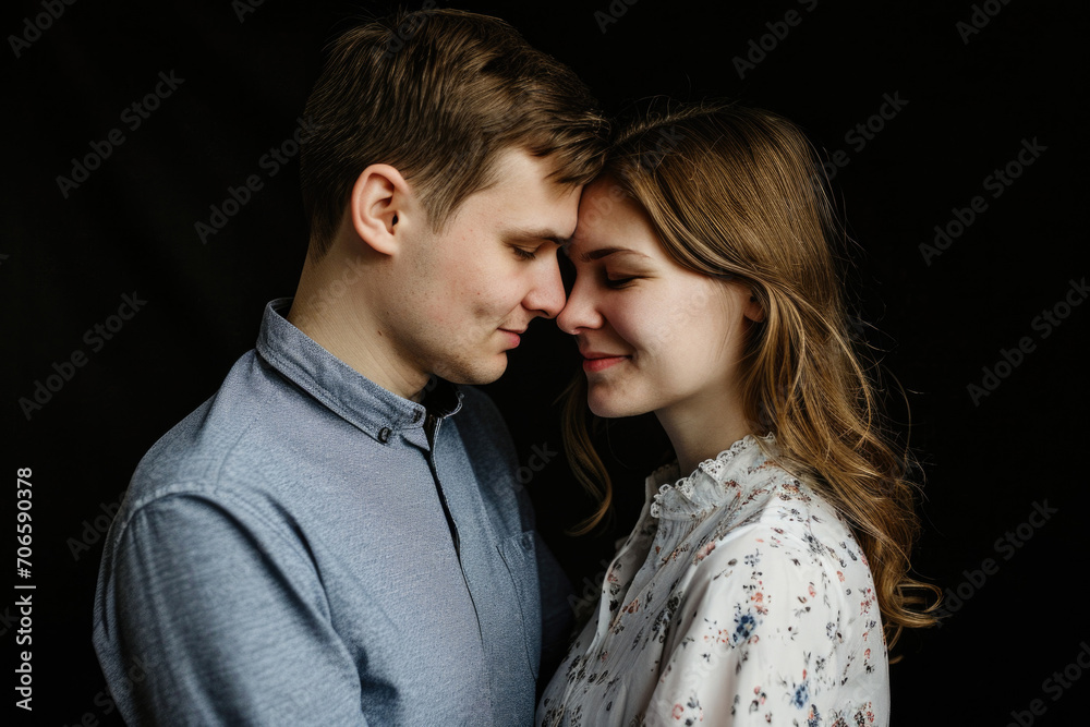 Young Family Couple In Photo On Black Background