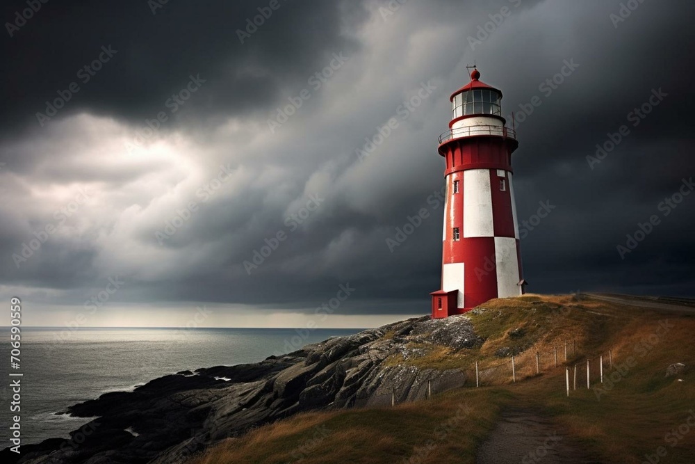 Red and white striped lighthouse with solar panel under stormy sky near Heart's Content, Newfoundland, Canada. Generative AI