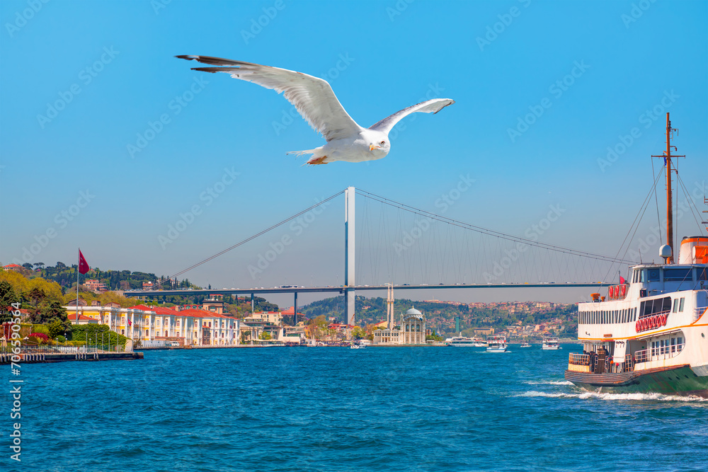 Sea voyage with old ferry (steamboat) on the Bosporus - Ortakoy mosque and Bosphorus bridge - Istanbul, Turkey  