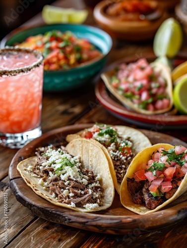 Group of Mexican cuisine tacos arranged on a table with cocktail