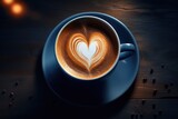Cappuccino with heart shaped foam on wooden background, top view with free space for copy text.