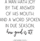 Bible Verse. Proverbs 15:23. A man hath joy by the answer of his mouth: and a word spoken in due season, how good is it! Scripture poster, Home decor, Christian biblical quote, vector illustration