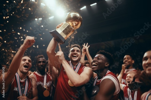 Multiracial men's basketball team celebrates victory with medals, trophy and confetti