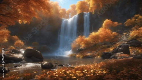 waterfall in autumn forest Fantasy waterfall of light, with a landscape of glowing trees and flowers, with a Beautiful water 