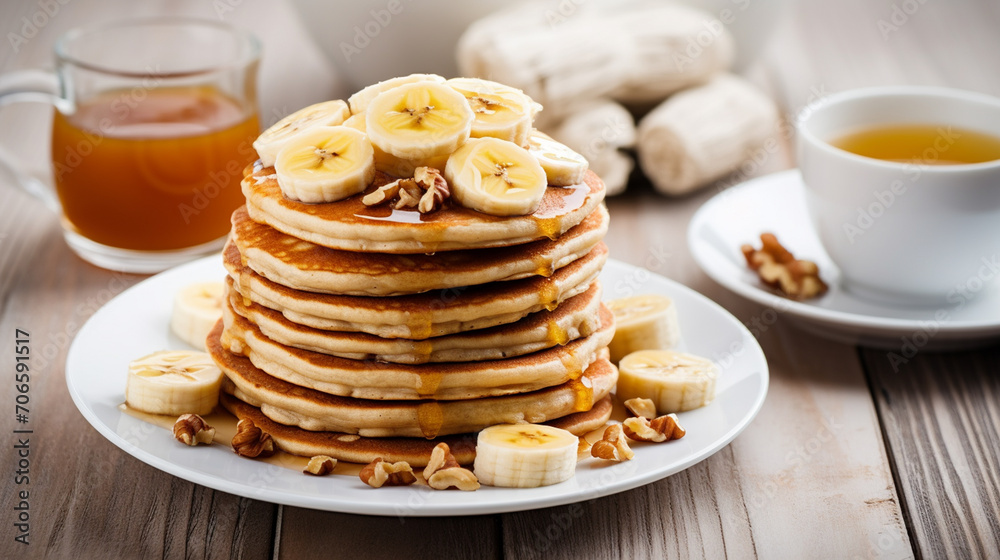 delicious juicy pancakes with banana for breakfast.