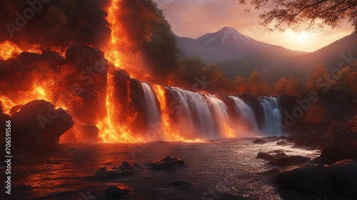 waterfall in the mountains Horror  waterfall of fire  with a landscape of burning trees and lava  with a volcano