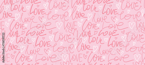 Seamless lettering pattern with hearts and text Love. Vector illustration with hearts ornament. Valentines day wrapping paper. Cover hearts print. Typography calligpraphic pattern.
