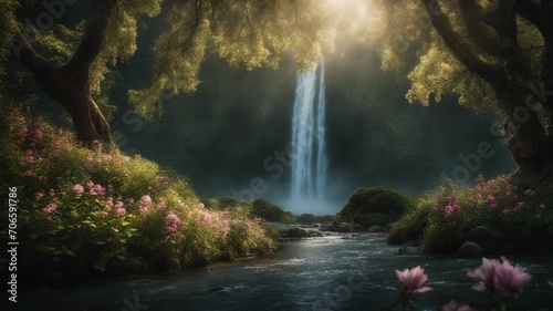 waterfall in the mountains Fantasy Beusnita Waterfall of magic, with a landscape of enchanted trees and flowers, 