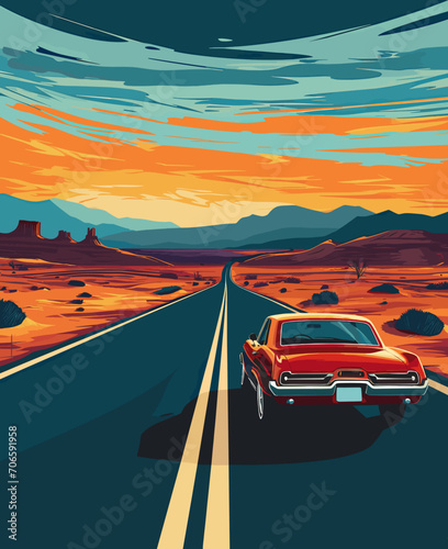 Road Trip USA Car Trekking in Mountains Vector SVG Illustration Digital Download Design