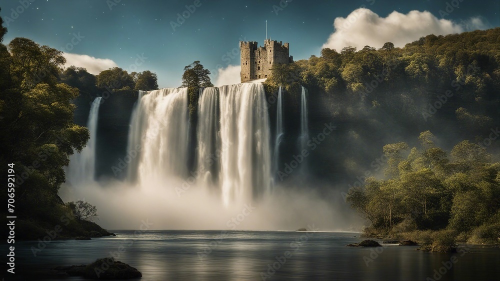 falls at night under a castle Fantasy waterfall of stars, with a landscape of floating islands and clouds,  