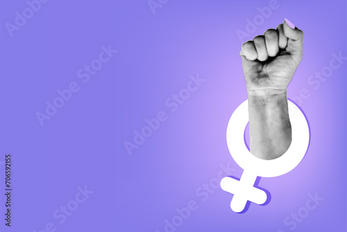 Collage hand raised with female symbol isolated on purple gradient background. Banner template for International women's day, feminism, protest, gender equality. Vector illustration