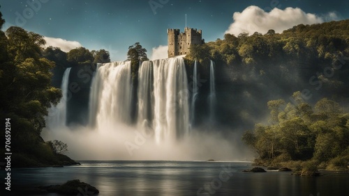 falls at night under a castle Fantasy waterfall of stars  with a landscape of floating islands and clouds   