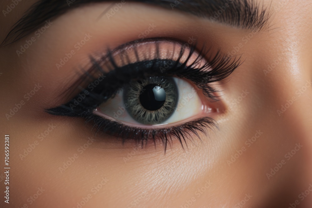 Obraz premium Female eye with very long eyelashes. Eyelash extensions. Makeup, cosmetics, beauty. Close up, Macro