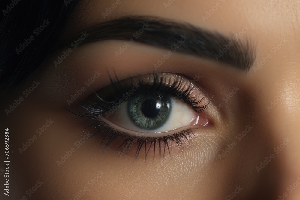 Obraz premium Female eye with very long eyelashes. Eyelash extensions. Makeup, cosmetics, beauty. Close up, Macro