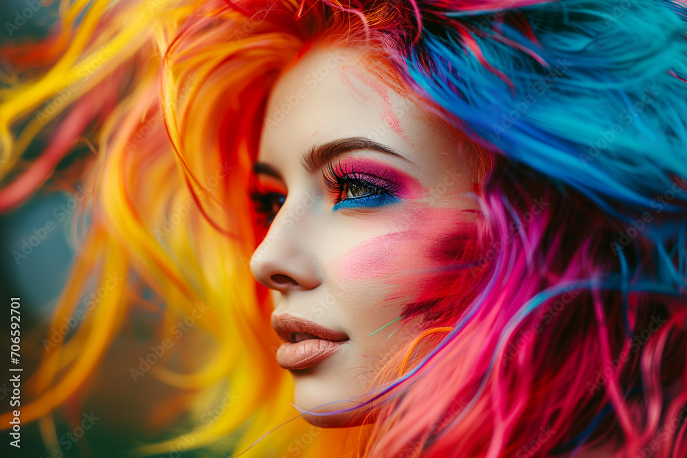 Woman with bright makeup and bright hair with bright colors on her face. Lovely young woman with colored rainbow eyelashes, multi-color wig and bright makeup touches her face. Beautiful fashion model 