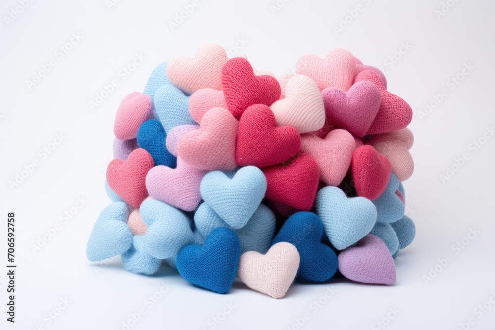 Symbol of love crochet colorful hearts shape on white background. Valentine's Day. Love handmade crochet. Symbol of love crochet colorful hearts shape on white background. Valentine's Day. Love handmade crochet.