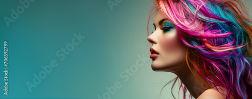 Woman with bright makeup and bright hair with bright colors on her face. Lovely young woman with colored rainbow eyelashes, multi-color wig and bright makeup touches her face. Beautiful fashion model  photo