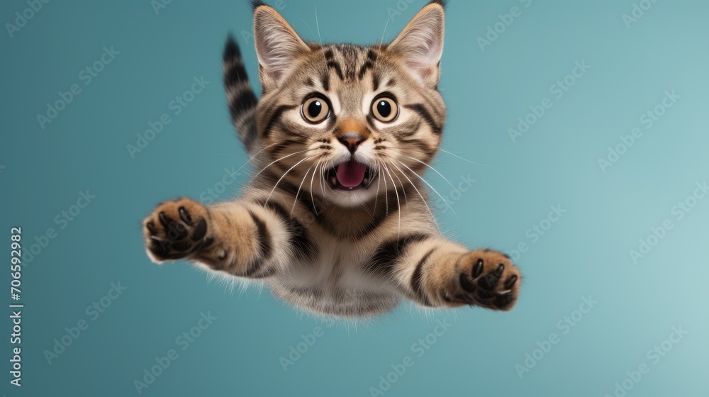funny cat flies. photo of a playful cat jumping in the air and looking at the camera. background with copy space
