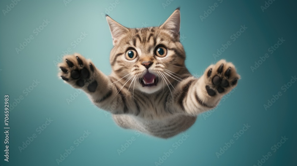 funny cat flies. photo of a playful cat jumping in the air and looking at the camera. background with copy space