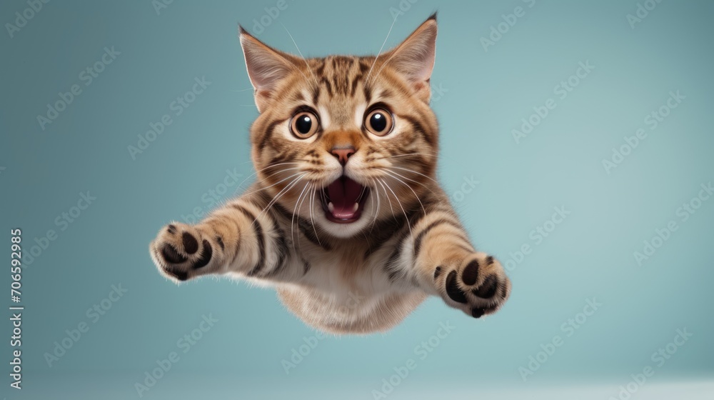 Obraz premium funny cat flies. photo of a playful cat jumping in the air and looking at the camera. background with copy space