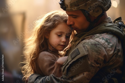 A soldier in military uniform hugs his daughter on the street, space for text. Family reunification. photo