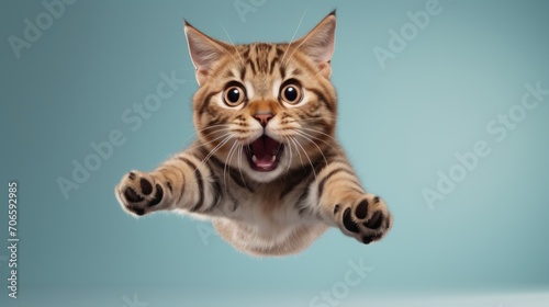 funny cat flies. photo of a playful cat jumping in the air and looking at the camera. background with copy space © inna717