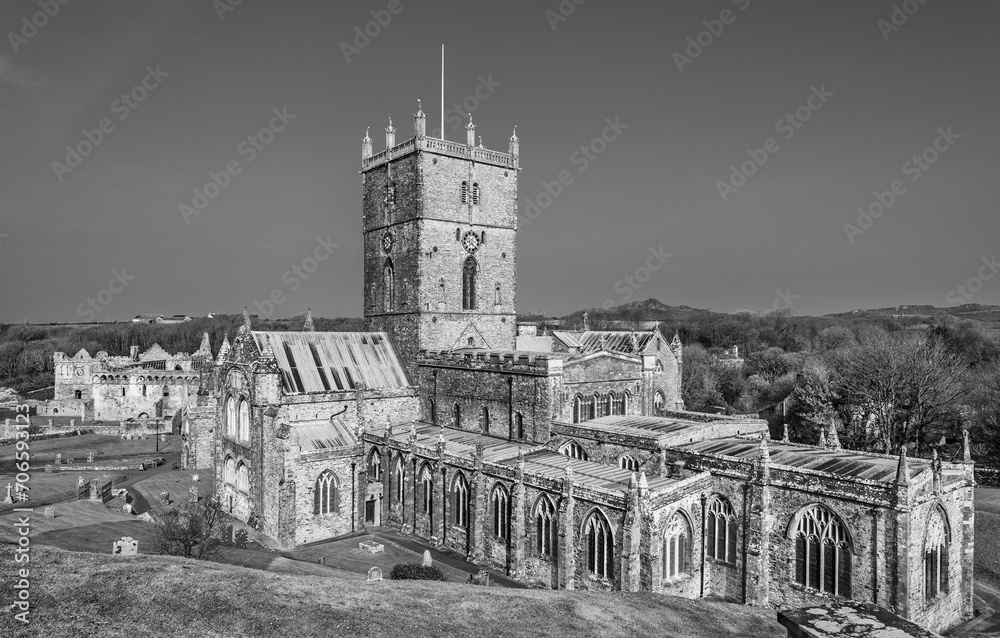 St Davids, Pembrokeshire, Wales, UK: Panoramic view of St David's Cathedral in black and white
