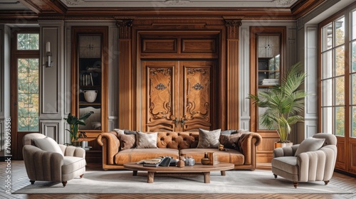 Luxury living room with wooden doors, premium style. Neoclassic interior design. photo