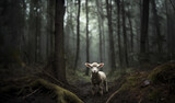 Little lamb lost in the forest at night looking at camera