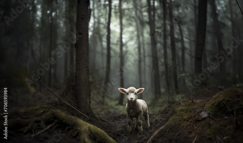 Little lamb lost in the forest at night looking at camera photo
