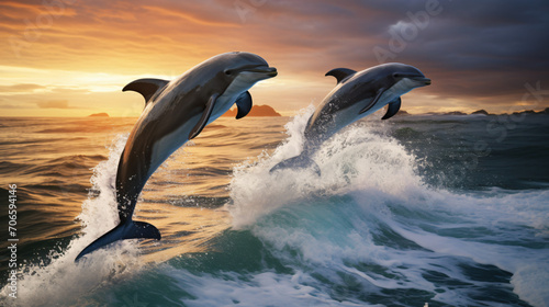  Playful dolphins jumping out of the water © Aki