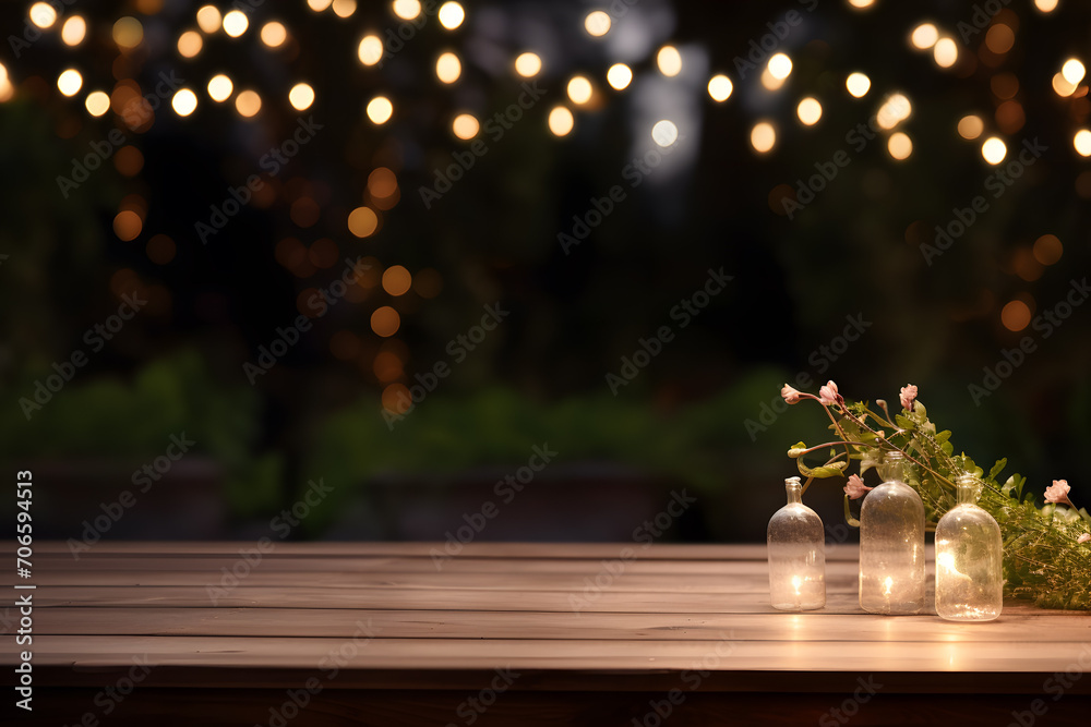 Wooden top table with bokeh light effect and blurred picnic background. Table top with copy space for product advertising.