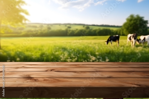 Empty wooden table top with cows and field blurred on background. Table on green farm with cows. photo