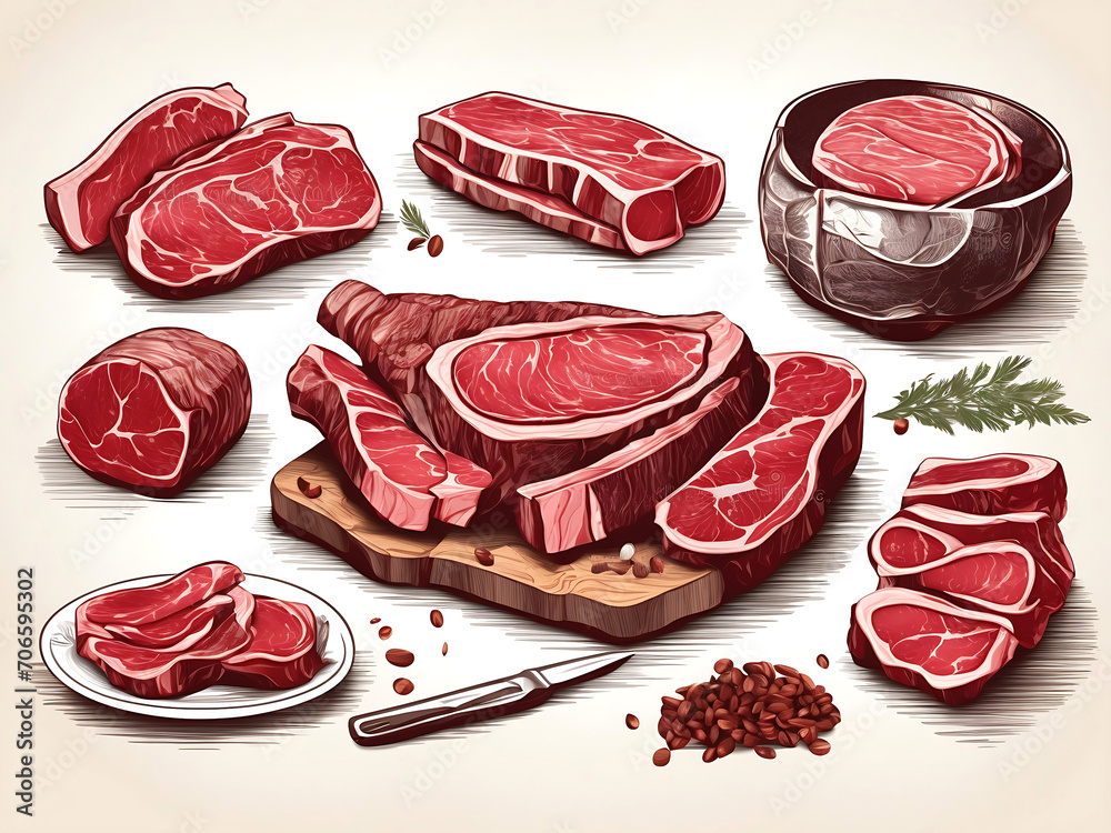 Cuts of raw meat set. Steak, ribs, ham vector illustration