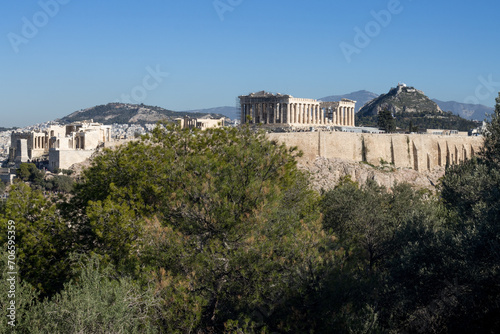 View of the Acropolis  Parthenon and Lycabettus Hill from Philopappos Hill in Athens  Greece